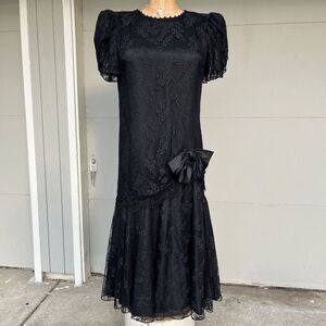 Vintage 1980s Black Lace Flapper-Inspired Dress with Satin Bow & Puffed Sleeves